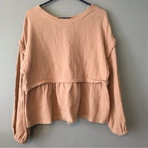 Peplum Smocked Long-Sleeve Blouse - Blush